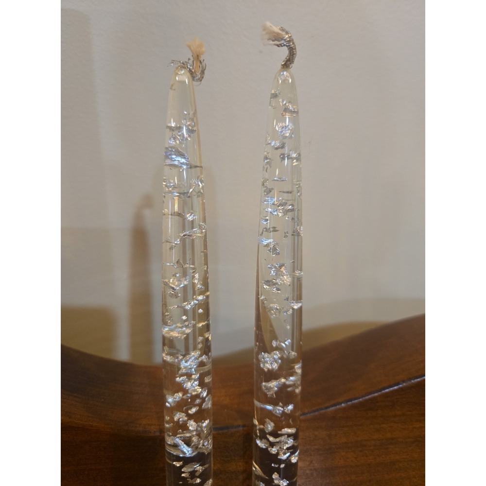 Vintage Lucite Acrylic Clear Taper Pair Candles Silver Flake 10" MCM Box Incl. - Picture 2 of 12